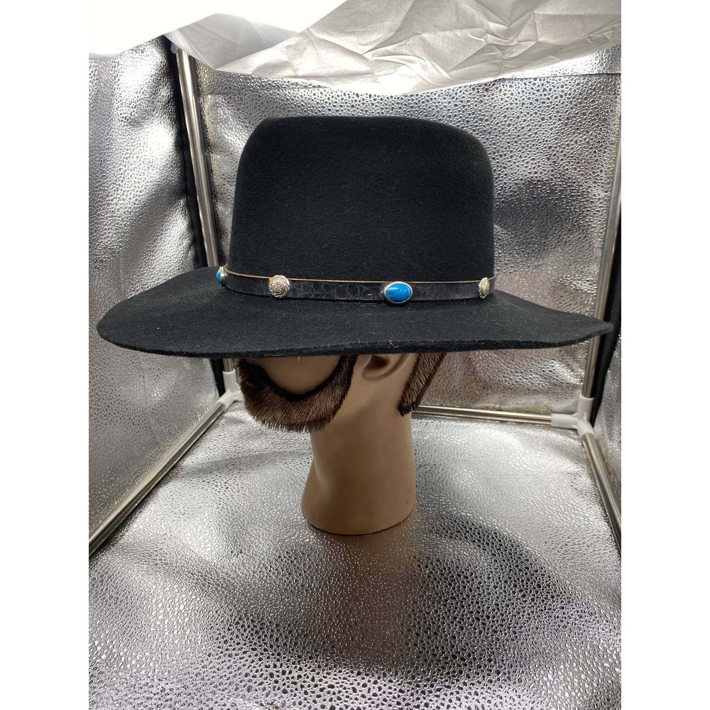 Bee Hat Co Cowboy Hatβ Mens 7 1/4 Black Felt Turquoise Concho Wide Brim Western